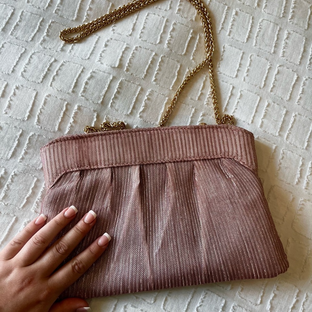 Mesh Sparkle Light Pink Gold Chain Snap Clutch Formal Purse NWOT